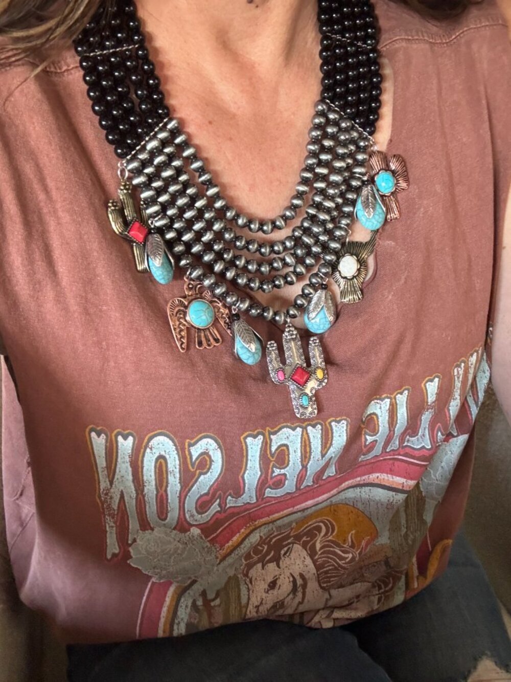 Southwestern Navajo Pearl Style Necklace Turquoise Copper Western